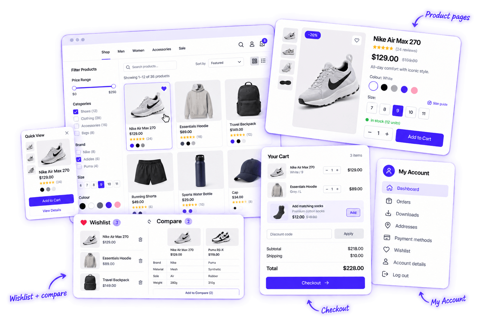 Divi BodyCommerce running a WooCommerce store: a filtered shop page, product page with swatches and size guide, Quick View, wishlist and compare, cart with an order bump, and a My Account dashboard