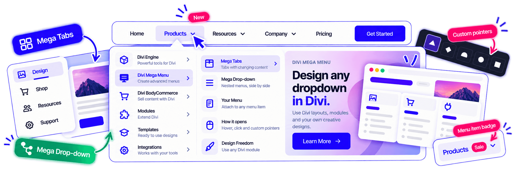 A Divi header with a mega menu open, showing columns of links, an image, and a featured offer
