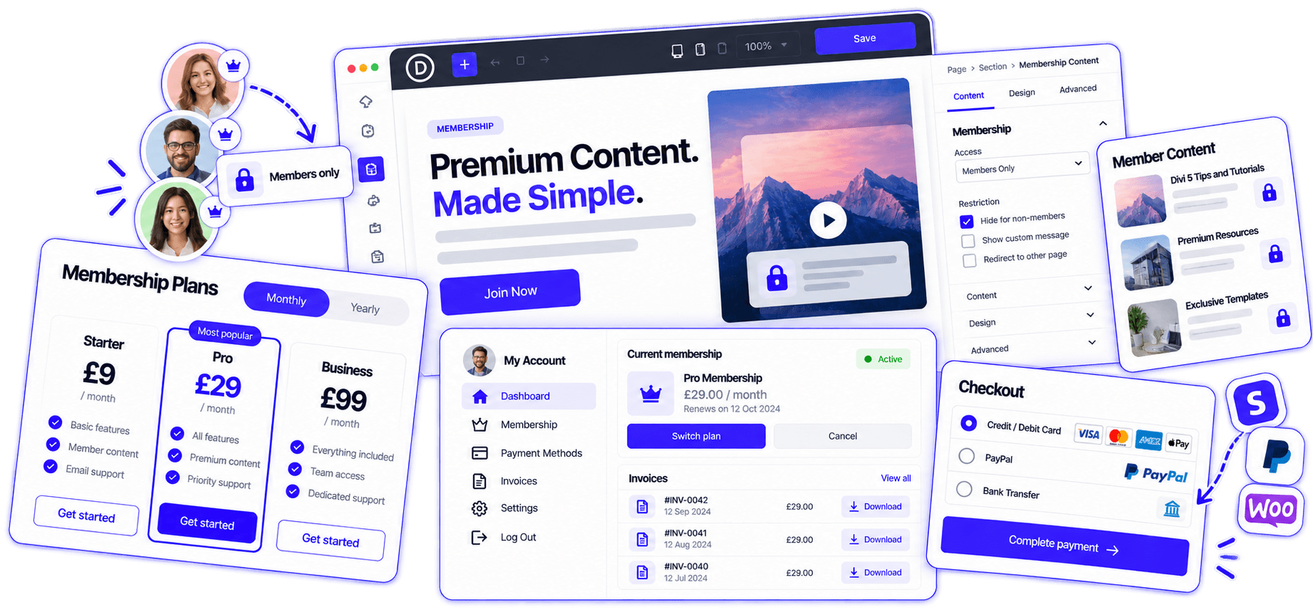 Divi Membership pricing page with plan cards, a monthly or yearly choice, and a join button