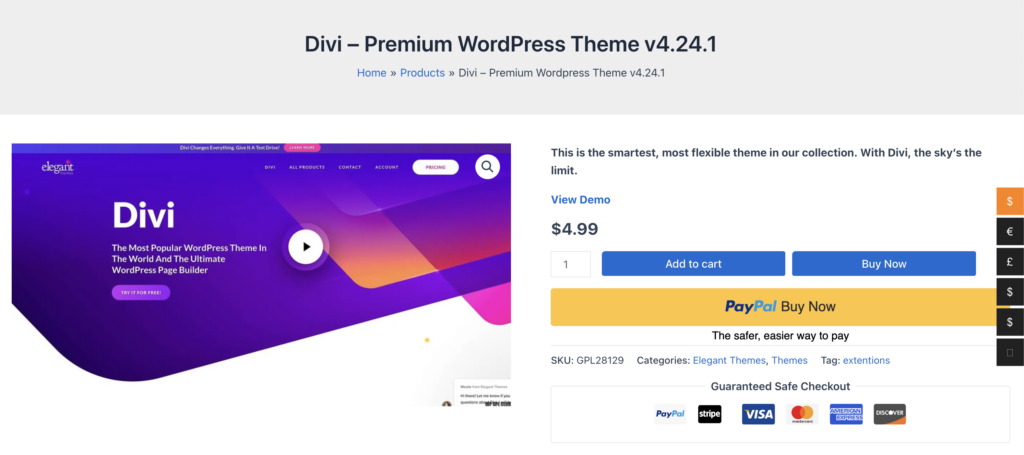 Divi Theme for sale on a GPL Club site.