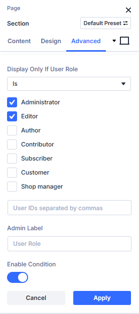 Divi 5 conditional logic settings for editors.